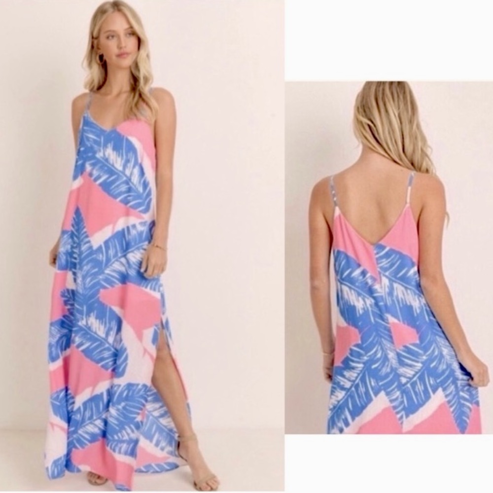 TROPICAL PALM SIDE SLIT SUMMER MAXI DRESS